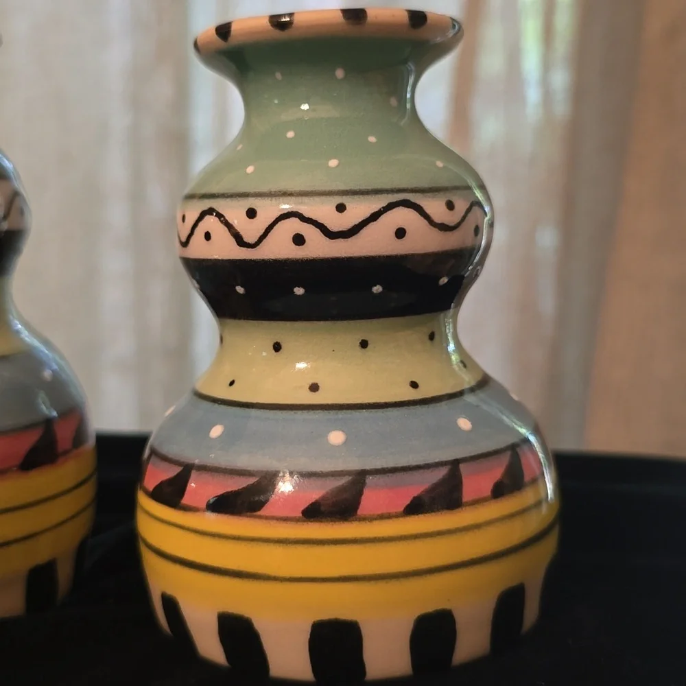 KMM Art Pottery Colorful Taper‎ Candlestick Holders Signed Whimsical